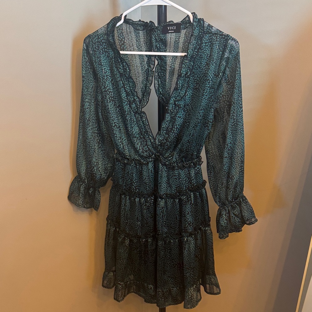 Vici Deep Green Ruffle Long Sleeve Dress